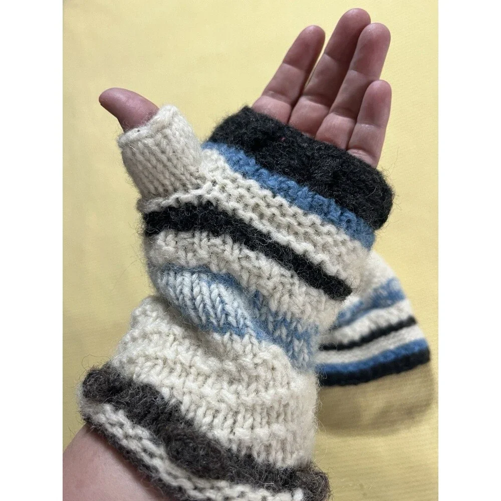 Crochet 100% Wool Hat And Mitten Set Lined Blue Cream Flower Fingerless